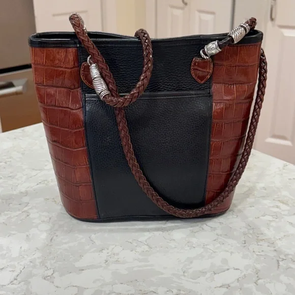Brighton Caroline Bucket Purse Handbag Tote Black Leather Brown Croc & Dust Bag - Picture 2 of 10